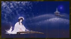 1girl 1other 2021 black_hair cherry_blossoms closed_mouth highres instrument japanese_clothes kimono kiyomizu-dera kneeling koto_(instrument) ludanling makeup music night original pink_kimono playing_instrument sky star_(sky) starry_sky temple