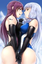 Rule 34 | 2girls, ahoge, aircraft, airplane, alternate costume, ass, asymmetrical docking, bare shoulders, black gloves, blunt bangs, blush, breast press, breasts, building, closed mouth, competition swimsuit, couple, destruction, elbow gloves, eye contact, face-to-face, female focus, giant, giantess, gloves, hagikaze (kancolle), half updo, hand up, highres, hime cut, holding hands, interlocked fingers, kantai collection, large breasts, long hair, looking at another, multiple girls, murakumo (kancolle), one-piece swimsuit, open mouth, orange eyes, purple eyes, purple hair, rakia (ds00309), round teeth, skyscraper, smile, standing, swimsuit, teeth, very long hair, white hair, yuri