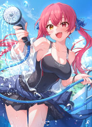 Rule 34 | 1girl, anchor symbol, black one-piece swimsuit, black skirt, blue jacket, blue sky, blush, breasts, cleavage, clothes around waist, clothes writing, cloud, collarbone, commentary request, competition swimsuit, floating hair, heterochromia, highres, holding, holding hose, hololive, hose, houshou marine, jacket, jacket around waist, large breasts, long hair, looking at viewer, mikami nacaba, one-piece swimsuit, open clothes, open mouth, open shirt, outdoors, pleated skirt, pouring, red eyes, shirt, shirt tucked in, sidelocks, skirt, sky, smile, solo, swimsuit, swimsuit under clothes, twintails, virtual youtuber, water, wet, wet clothes, wet shirt, white shirt, yellow eyes