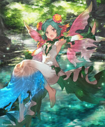 1girl aqua_fairy_(shadowverse) armpits barefoot blush braid breasts commentary_request company_name day dress ezusuke fairy fairy_wings floating flower foliage forest full_body green_dress green_hair hair_flower hair_ornament highres light_particles looking_at_viewer magic medium_hair multicolored_hair nature official_art open_mouth outdoors pink_flower pink_hair red_eyes shadowverse small_breasts solo tree two-tone_dress two-tone_hair water white_dress wings