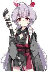 Rule 34 | 1girl, bandaged arm, bandages, blue archive, cleavage cutout, clenched hand, closed mouth, clothing cutout, cropped legs, flat chest, gauze, gauze on cheek, grey hair, gun, halo, hand up, haori, highres, holding, holding gun, holding weapon, japanese clothes, long hair, looking at viewer, machismo fuji, obi, red eyes, sash, shuro (blue archive), sideless outfit, simple background, smile, solo, weapon, white background