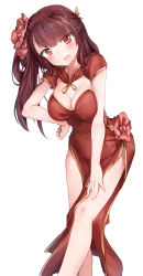 Rule 34 | 1girl, absurdres, blush, breasts, china dress, chinese clothes, cleavage, cleavage cutout, clothing cutout, dress, flower, girls&#039; frontline, hair flower, hair ornament, hair ribbon, hand on own hip, hand on own thigh, hansal, highres, large breasts, leaning forward, long hair, looking at viewer, one side up, open mouth, pelvic curtain, purple hair, red dress, red eyes, ribbon, side slit, simple background, solo, very long hair, wa2000 (girls&#039; frontline), white background