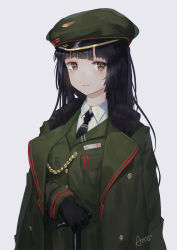 Rule 34 | 1girl, aiguillette, ano54, bad id, bad pixiv id, black hair, black necktie, blush, breast pocket, brown eyes, closed mouth, collared shirt, green hat, green jacket, grey background, hat, highres, jacket, long hair, looking at viewer, md5 mismatch, military, military hat, military jacket, military uniform, necktie, original, peaked cap, pocket, shirt, signature, simple background, solo, uniform, very long hair, white shirt