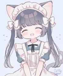Rule 34 | 1girl, :d, ^ ^, ame usako, animal ears, apron, black hair, black ribbon, blue background, blue dress, blush, bow, cat ears, cat girl, cat tail, closed eyes, collared dress, dress, facing viewer, fangs, frilled apron, frills, hair bow, heart, long hair, maid, maid apron, maid headdress, neck ribbon, open mouth, original, puffy short sleeves, puffy sleeves, ribbon, short sleeves, signature, simple background, smile, solo, tail, tail raised, twintails, upper body, v arms, very long hair, white apron, white bow