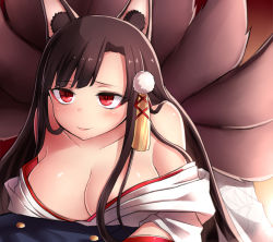 Rule 34 | 1girl, akagi (azur lane), akagi (deep crimson poppy) (azur lane), animal ears, azur lane, breasts, brown hair, cleavage, commentary request, hair ornament, japanese clothes, kimono, large breasts, leaning forward, multiple tails, neit ni sei, off shoulder, official alternate costume, open clothes, open kimono, parted lips, red eyes, smile, solo, tail, wolf ears, wolf tail