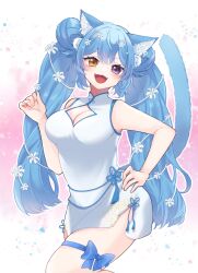 Rule 34 | 1girl, :3, animal ear fluff, animal ears, blue hair, blush, breasts, cat ears, cat girl, cat tail, china dress, chinese clothes, cleavage, cleavage cutout, clothing cutout, commentary, commission, double bun, dress, fangs, flower, hair bun, hair flower, hair ornament, hand on own hip, heterochromia, highres, holding, holding flower, large breasts, leg ribbon, long hair, medium breasts, nanana kaya, open mouth, original, purple eyes, ribbon, short dress, side slit, skeb commission, sleeveless, sleeveless dress, smile, solo, standing, standing on one leg, symbol-only commentary, tail, thigh ribbon, twintails, very long hair, yellow eyes