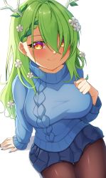 Rule 34 | 1girl, absurdres, antlers, braid, braided bangs, breasts, ceres fauna, fingernails, flower, green hair, hair flower, hair ornament, highres, hololive, hololive english, horns, large breasts, leaning, long sleeves, looking at viewer, looking to the side, looking up, medium hair, miniskirt, pantyhose, rooby n, single braid, sitting, skirt, smile, straight hair, sweater, thigh gap, turtleneck, turtleneck sweater, virtual youtuber, yellow eyes