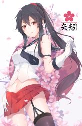 Rule 34 | 1girl, asymmetrical legwear, black hair, blouse, blush, breasts, character name, cherry blossoms, garter straps, gloves, hand on own thigh, highres, jenson tw, kantai collection, large breasts, long hair, looking at viewer, md5 mismatch, midriff, navel, necktie, open mouth, petals, pleated skirt, ponytail, red eyes, red skirt, resolution mismatch, school uniform, scrunchie, serafuku, shirt, sidelocks, single thighhigh, skindentation, skirt, sleeveless, sleeveless shirt, smile, solo, source larger, thighhighs, uneven legwear, very long hair, white gloves, yahagi (kancolle)
