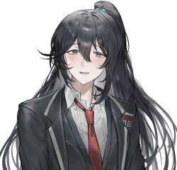 Rule 34 | 1boy, aqua eyes, black eyes, black hair, black vest, blush, bonno sasu, coat, heterochromia, high ponytail, highres, hong lu (project moon), limbus company, long hair, long sleeves, looking at viewer, necktie, open mouth, project moon, red necktie, shirt, sidelocks, simple background, smile, solo, very long hair, vest, white background