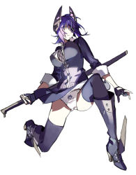 Rule 34 | 10s, 1girl, boots, breasts, cardigan, eyepatch, full body, kantai collection, large breasts, necktie, panties, purple hair, sheath, sheathed, short hair, solo, starshadowmagician, sword, tenryuu (kancolle), thighhighs, underwear, weapon, yellow eyes
