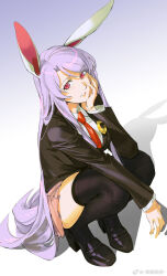 Rule 34 | 1girl, animal ears, black hair, black jacket, black thighhighs, blazer, commentary, crescent, crescent pin, full body, hand on own cheek, hand on own face, hand up, high heels, highres, jacket, layered sleeves, light blush, long hair, long sleeves, looking at viewer, necktie, parted lips, pink eyes, pink skirt, purple hair, rabbit ears, red necktie, reisen udongein inaba, ruukii drift, shadow, shirt, sidelocks, skirt, smile, solo, squatting, thick thighs, thighhighs, thighs, touhou, very long hair, weibo logo, weibo watermark, white shirt