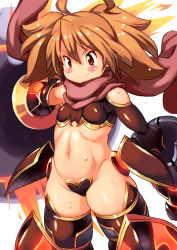 Rule 34 | 1girl, ahoge, armor, armored boots, bare shoulders, blush stickers, boots, breasts, brown eyes, brown footwear, brown hair, brown scarf, brown shirt, closed mouth, clothing cutout, commentary request, covered erect nipples, cowboy shot, crop top, crotch plate, dina (sennen sensou aigis), faulds, gauntlets, groin, hair between eyes, highres, huge ahoge, long sleeves, looking away, medium hair, navel, revealing clothes, scarf, sennen sensou aigis, shiny clothes, shiny skin, shirt, short twintails, shoulder cutout, skin tight, small breasts, smile, solo, standing, stomach, sweat, thigh boots, tsurime, twintails, v-shaped eyebrows, white background, yu 3