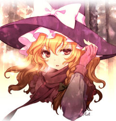 Rule 34 | 1girl, an2a, blonde hair, bow, braid, breath, female focus, fingerless gloves, gloves, hair bow, hand on headwear, hat, kirisame marisa, lowres, open mouth, perfect cherry blossom, raised eyebrow, red eyes, ribbon, scarf, solo, touhou, uneven eyes, upper body, wavy hair, witch, witch hat, yellow eyes