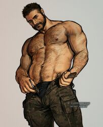 Rule 34 | 1boy, abs, arm hair, bara, beard, belt, black hair, black male underwear, brown belt, brown pants, bulge peek, call of duty, call of duty: modern warfare 2, camouflage, camouflage pants, captain price, chest hair, closed mouth, facial hair, grey background, hairy, highres, large pectorals, male focus, male underwear, male underwear peek, mature male, muscular, muscular male, mutton chops, navel, navel hair, nipples, open belt, open pants, pants, pectorals, short hair, simple background, solo, topless male, umikochannart, underwear