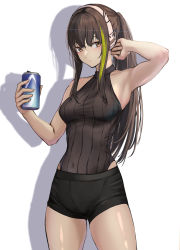 Rule 34 | 1girl, 3 small spiders, absurdres, alternate hairstyle, arm up, armpits, bike shorts, black eyes, black hair, can, cowboy shot, girls&#039; frontline, green hair, headband, highres, holding, holding can, leotard, long hair, m4a1 (girls&#039; frontline), multicolored hair, ponytail, shadow, sleeveless turtleneck leotard, standing, streaked hair, white background