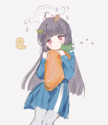 Rule 34 | 1girl, absurdres, animal ears, black hair, blue archive, blue serafuku, blue shirt, blue skirt, blunt bangs, blush, bright pupils, carrot, closed mouth, cropped legs, fake animal ears, food, frown, halo, highres, holding, holding food, leaf, leaf on head, long hair, long sleeves, miyu (blue archive), nprmtp, oversized food, oversized object, pantyhose, pleated skirt, rabbit ears, red eyes, school uniform, serafuku, shirt, simple background, skirt, solo, standing, white background, white pantyhose, white pupils