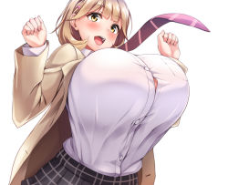 Rule 34 | 10s, 1girl, blonde hair, blush, bouncing breasts, breasts, brown hair, bursting breasts, gigantic breasts, hair ornament, hairclip, highres, huge breasts, looking at viewer, narusawa ryouka, necktie, occultic;nine, open mouth, plaid, plaid skirt, ponchi (menchi0925), school uniform, shirt tucked in, short hair, simple background, skirt, smile, solo, upper body, white background, yellow eyes
