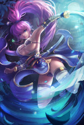 Rule 34 | 1girl, bikini, black bikini, blue eyes, blush, breasts, cleavage, closed mouth, earrings, high ponytail, holding, holding sword, holding weapon, hoop earrings, jewelry, katana, large breasts, long hair, looking at viewer, original, pink hair, sheath, sideboob, smile, solo, swimsuit, sword, thighhighs, thong, very long hair, weapon, white thighhighs, yclok