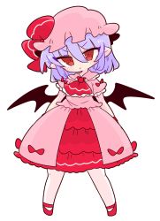 Rule 34 | 1girl, ascot, bat wings, bow, collared shirt, frilled shirt collar, frilled skirt, frilled sleeves, frills, hat, hat ribbon, highres, light purple hair, mary janes, mob cap, op na yarou, pink hat, pink shirt, pink skirt, puffy short sleeves, puffy sleeves, purple hair, red ascot, red bow, red eyes, red footwear, red ribbon, remilia scarlet, ribbon, serious, shirt, shoes, short hair, short sleeves, simple background, skirt, skirt set, solo, touhou, waist bow, white background, white footwear, white skirt, wings, wrist cuffs