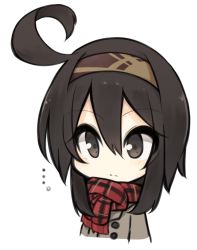 Rule 34 | ..., 1girl, ahoge, black hair, brown eyes, buttons, chibi, closed mouth, coat, double-breasted, hair between eyes, hairband, natsuki teru, original, plaid, plaid scarf, scarf, shikibe ayaka, short hair with long locks, sidelocks, simple background, solo, white background