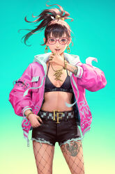 Rule 34 | 1girl, arm tattoo, black nails, black shorts, bracelet, brown eyes, brown hair, earrings, fake nails, fashion, glasses, gradient background, highres, jewelry, leg tattoo, looking at viewer, midriff, necklace, original, ring, shorts, solo, sports bra, tattoo, wenfei ye