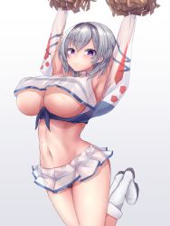 Rule 34 | 1girl, anchor, arms up, azur lane, bare shoulders, black panties, blush, boots, breasts, cheerleader, crop top, gradient background, grey hair, hair between eyes, hairband, highres, holding, holding pom poms, huge breasts, jumping, looking at viewer, midriff, miniskirt, navel, panties, pleated skirt, pom pom (cheerleading), pom poms, purple eyes, reno (azur lane), reno (biggest little cheerleader) (azur lane), see-through, see-through skirt, shirt, short hair, skirt, sleeveless, smile, solo, thighs, two-tone skirt, underboob, underwear, white footwear, white skirt, yuuki shuri