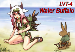 Rule 34 | 1girl, acea4, animal ears, backpack, backpack unit, bad id, bad pixiv id, bag, beach, rabbit, day, green one-piece swimsuit, horns, long hair, mecha musume, military, one-piece swimsuit, sandals, school swimsuit, solo, swimsuit, white hair, world war ii