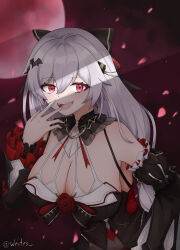 Rule 34 | 1girl, :d, absurdres, bare shoulders, black bow, black dress, black sleeves, bow, breasts, cleavage, commentary, detached sleeves, dress, earrings, english commentary, fangs, full moon, hair bow, highres, honkai (series), honkai impact 3rd, jewelry, large breasts, long hair, long sleeves, moon, open mouth, petals, puffy long sleeves, puffy sleeves, red eyes, red sky, sky, smile, solo, theresa apocalypse, theresa apocalypse (luna kindred), theresa apocalypse (lunar vow: crimson love), vampire, very long hair, west (user frmf8438), white hair