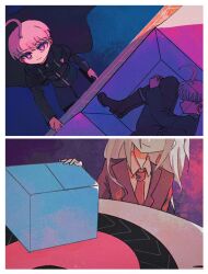 Rule 34 | 2boys, ahoge, blue jacket, box, caddy rain, cape, closed mouth, collared shirt, commentary, highres, hugging own legs, in box, in container, jacket, long hair, long sleeves, looking at viewer, makoto kagutsuchi, male focus, master detective archives: rain code, multiple boys, purple eyes, purple hair, purple jacket, shirt, short hair, shorts, smile, white shirt, yuma kokohead