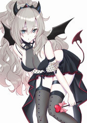 Rule 34 | 1girl, bare shoulders, black dress, blush, braid, breasts, demon girl, demon horns, demon tail, demon wings, dress, fate/grand order, fate (series), french braid, grey eyes, highres, horns, kriemhild (fate), large breasts, leaning forward, long hair, looking at viewer, mole, mole under eye, nekunekutai, open mouth, pale skin, ponytail, sketch, solo, tail, thighhighs, thighs, white hair, wings