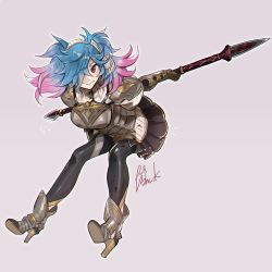 Rule 34 | 1girl, armor, armored boots, blue hair, boots, fire emblem, fire emblem fates, fire emblem heroes, full body, highres, holding, kab00m chuck, lance, looking at viewer, nintendo, peri (fire emblem), pink hair, polearm, red eyes, simple background, skirt, smile, solo, weapon