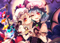Rule 34 | 2girls, :t, ;), alternate costume, animal, arm around neck, ascot, bat (animal), bat wings, black wings, blonde hair, blue hair, bow, brooch, cheek-to-cheek, collared shirt, corset, crystal, eyeshadow, fangs, fingernails, flandre scarlet, fua yuu, full moon, gradient hair, hair between eyes, hat, hat ribbon, head tilt, heads together, holding hands, jewelry, long hair, looking at viewer, makeup, medium hair, mob cap, moon, multicolored hair, multiple girls, nail polish, night, night sky, one eye closed, outdoors, pink hat, pointy ears, puffy short sleeves, puffy sleeves, red ascot, red bow, red eyes, red nails, red ribbon, remilia scarlet, ribbon, sash, shirt, short sleeves, siblings, sisters, sky, smile, touhou, upper body, white hat, white shirt, wings, wrist cuffs, yellow ascot