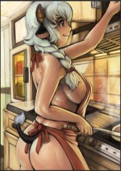 Rule 34 | 1girl, animal ears, apron, ass, black eyes, blush, braid, braided ponytail, breasts, brown horns, cabinet, closed mouth, commentary, cow ears, cow girl, cow horns, cow tail, cowboy shot, english commentary, hair over shoulder, highres, horns, indoors, large breasts, long hair, medium bangs, naked apron, nandi (puchirisu), original, profile, puchirisu, red apron, refrigerator, sideboob, smile, solo, stove, tail, white hair