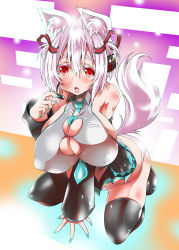 1girl animal_ears bare_shoulders between_breasts black_thighhighs blush breasts bursting_breasts colored_eyelashes cosplay dog_ears dog_tail female_focus fingernails gradient_background hatsune_miku_(cosplay) headset highres huge_breasts inubashiri_momiji kneeling long_fingernails looking_at_viewer nail_polish necktie oobashin open_mouth panties red_eyes silver_hair skirt solo tail thighhighs underwear