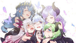 Rule 34 | 5girls, absurdres, bare shoulders, blue eyes, blue hair, blush, closed eyes, closed mouth, collared shirt, crying, crying with eyes open, demon girl, demon horns, detached sleeves, elbow gloves, everyone, gloves, gradient hair, green hair, grey hair, group hug, group picture, hair ornament, highres, honey strap, horns, hug, lalu (pixiv3307500), long hair, multicolored hair, multiple girls, nanashi inc., one eye closed, open mouth, orange eyes, pointy ears, purple eyes, purple hair, red hair, saionji mary, sekishiro mico, shimamura charlotte, shirt, short hair, sidelocks, sleeveless, smile, sougetsu eli, suou patra, tearing up, tears, very long hair, virtual youtuber