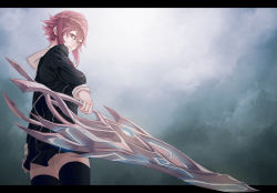 Rule 34 | 1girl, black legwear, chaos;child, closed mouth, cloud, cloudy sky, day, dusk, holding, holding sword, holding weapon, letterboxed, mstm, onoe serika, pink eyes, pink hair, school uniform, short hair with long locks, sidelocks, sky, solo, sword, weapon