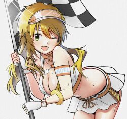 Rule 34 | 1girl, ahoge, anman (yxwu7733), bare shoulders, belt, blonde hair, blush, breasts, checkered flag, choker, cleavage, crop top, cropped shirt, dog tags, dot nose, earrings, fingerless gloves, flag, gloves, green eyes, hands up, highres, holding, holding flag, hoshii miki, idolmaster, idolmaster (classic), idolmaster million live!, idolmaster million live! theater days, jewelry, leaning forward, long hair, looking at another, looking at viewer, medium breasts, midriff, miniskirt, navel, necklace, one eye closed, open mouth, orange armband, orange belt, orange choker, race queen, shirt, simple background, skirt, sleeveless, sleeveless shirt, smile, solo, star (symbol), star earrings, sweat, visor cap, white background, white gloves, white skirt, yellow bracelet