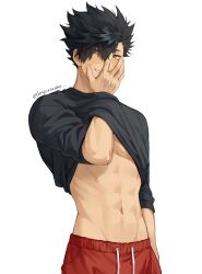 Rule 34 | 1boy, abs, black hair, black shirt, blush, clothes lift, covering own mouth, guilty challenge (meme), haikyuu!!, hair between eyes, hand in clothes, hand over own mouth, hand under clothes, hand under shirt, highres, kuroo tetsurou, layerscake, looking at viewer, male focus, meme, muscular, muscular male, navel, orange eyes, pants, shirt, shirt lift, short hair, short sleeves, simple background, smile, spiked hair, stomach, sweatpants, t-shirt