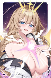 Rule 34 | :d, blonde hair, blue eyes, blush, breasts, cleavage, crown (naked king) (nikke), crown (nikke), diadem, drill hair, goddess of victory: nikke, hair ornament, hand on own chest, headgear, large breasts, long hair, looking at viewer, open clothes, open mouth, open shirt, shirt, smile, white shirt, yuxian youka