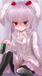 Rule 34 | 1girl, @ @, animal ears, black pantyhose, blurry, blurry background, blush, buttons, can, closed mouth, collar, collared shirt, drink, energy drink, hair between eyes, hand up, highres, kayon (touzoku), long hair, long sleeves, pantyhose, pink hair, pink skirt, rabbit ears, red eyes, reisen udongein inaba, shaded face, shirt, sitting, skirt, solo, tears, touhou, white shirt, white sleeves