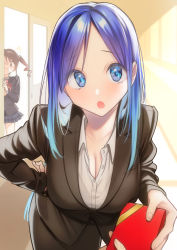 Rule 34 | 2girls, absurdres, blue eyes, blue hair, breasts, brown hair, cleavage, commentary, formal, hand on own hip, highres, long hair, multiple girls, original, pov, rinku (rin9), school uniform, suit, teacher, twintails, valentine