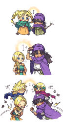 Rule 34 | 2boys, 2girls, age progression, aged down, arm up, arrow (symbol), belt, belt bag, bianca (dq5), black hair, blonde hair, blue cloak, blue eyes, blush, blush stickers, bow, bracelet, braid, cape, child, cloak, commentary request, dark-skinned male, dark skin, dragon quest, dragon quest v, dress, earrings, family, father and daughter, father and son, gloves, green bow, green cape, green cloak, green dress, hair bow, hair pulled back, hand on own hip, height difference, hero&#039;s daughter (dq5), hero&#039;s son (dq5), hero (dq5), highres, holding, holding hands, holding stick, husband and wife, jewelry, jumping, long hair, looking at another, low ponytail, mother and daughter, mother and son, motion lines, multiple boys, multiple girls, nabenko, orange cape, orange dress, pink cloak, pointing, pointing forward, puff of air, purple cape, purple cloak, purple headwear, short hair, siblings, single braid, smile, spiked hair, stick, turban, twin braids, twins, twitter username, walking, white background, white gloves, white tunic