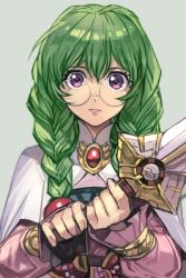 Rule 34 | 1girl, brooch, closed mouth, glasses, green hair, hungry clicker, looking at viewer, philia felice, purple eyes, round eyewear, simple background, solo, sword, tales of (series), tales of destiny, upper body, weapon, wing brooch