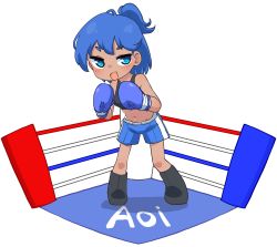 Rule 34 | 1girl, :d, absurdres, aoi (amazu), bare shoulders, black footwear, blue eyes, blue hair, blue shorts, boots, boxing gloves, boxing ring, breasts, chibi, commentary, fool iketani, highres, navel, open mouth, original, ponytail, short eyebrows, short shorts, shorts, simple background, small breasts, smile, solo, standing, symbol-only commentary, thick eyebrows, white background