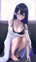 Rule 34 | 1girl, absurdres, bare legs, bare shoulders, barefoot, black camisole, black hair, blue archive, blue eyes, blue hair, blush, breasts, camisole, cleavage, coat, collarbone, colored inner hair, halo, highres, long hair, looking at viewer, medium breasts, mofu07519, multicolored hair, pointy ears, rin (blue archive), solo, squatting, strap slip, sweatdrop, toes, two-tone hair, very long hair, white coat