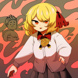 Rule 34 | black survival, blonde hair, blush, breasts, cardigan, chibi, chibi inset, closed mouth, collared shirt, commentary request, cowboy shot, flower, grey skirt, hair ribbon, highres, kurodani yamame, long sleeves, looking at viewer, magnus scott, medium breasts, medium hair, pleated skirt, red eyes, red ribbon, red shirt, ribbon, rinyamame, rose, rumia, shirt, skirt, smile, solo focus, tongue, tongue out, touhou, white cardigan, yellow flower, yellow rose