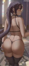 Rule 34 | 1girl, artist name, ass, back, bandaid, bandaids on nipples, black hair, black panties, black thighhighs, black wristband, blurry, blurry background, breasts, closed mouth, covered erect nipples, earrings, from behind, genshin impact, green eyes, hair between eyes, hair ornament, halterneck, highres, jewelry, light frown, long hair, looking at viewer, looking back, medium breasts, mona (genshin impact), oroborus, panties, pasties, profile, solo, star (symbol), star earrings, star hair ornament, thighhighs, thong, twintails, underwear