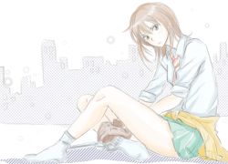 Rule 34 | 1girl, brown eyes, brown hair, clothes around waist, coppelion, gloves, green skirt, gun, hand on ankle, handgun, crossed legs, looking at viewer, miniskirt, naruse ibara, natori sachiko, no shoes, pale color, pleated skirt, shirt, sitting, skirt, sleeves rolled up, socks, solo, sweater, sweater around waist, weapon, white shirt