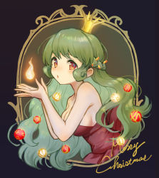 Rule 34 | 1girl, black background, blush, breasts, brown dress, brown eyes, christmas, christmas ornaments, cleavage, commentary request, cropped torso, crown, dress, fire, green hair, hands up, long hair, looking at viewer, looking to the side, medium breasts, merry christmas, mini crown, original, parted lips, sakuro, solo, strapless, strapless dress, upper body, very long hair