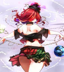 Rule 34 | 1girl, ass, bare shoulders, black choker, black shirt, breasts, chain, choker, commentary request, cowboy shot, earth (ornament), from behind, green skirt, hecatia lapislazuli, highres, large breasts, long hair, midriff, miniskirt, moon (ornament), multicolored clothes, multicolored skirt, off-shoulder shirt, off shoulder, one-hour drawing challenge, outstretched arms, purple background, raptor7, red eyes, red hair, red skirt, shirt, short sleeves, skirt, smile, solo, thighs, touhou
